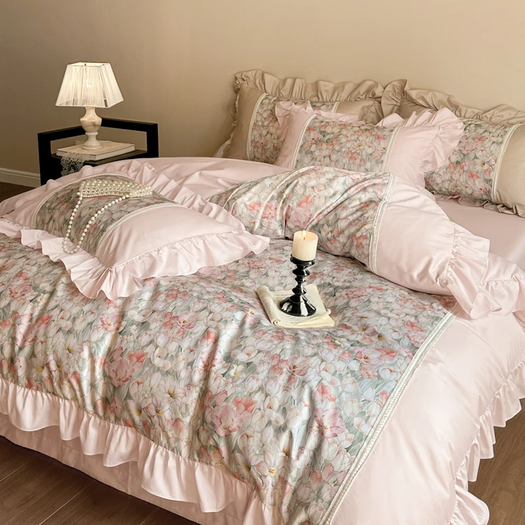 丽家平！五年云水谣-法式花边纯棉贡缎长绒棉四件套100（50*50）床品