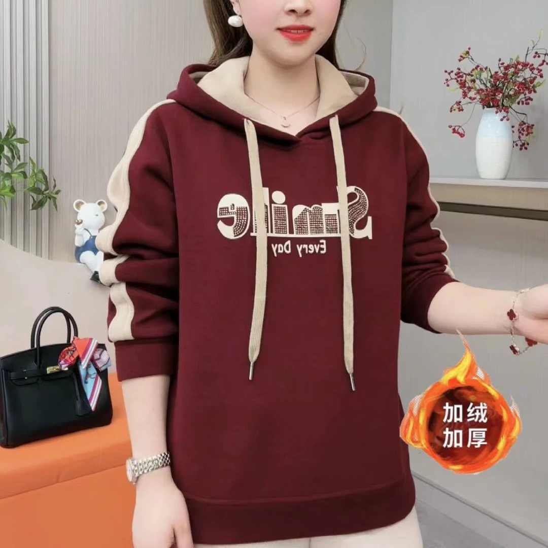 2025冬季女士加绒加厚连帽卫衣洋气减龄显瘦百搭宽松时尚保暖上衣