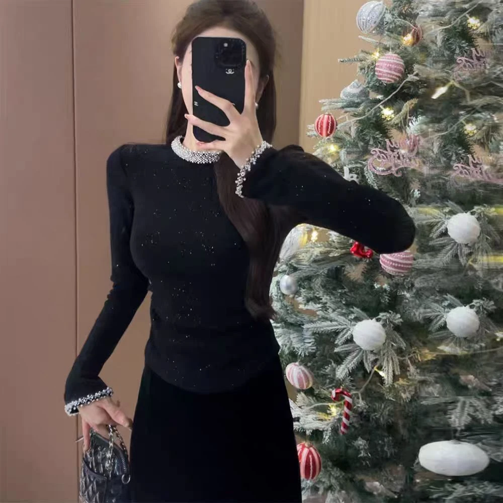 2025秋冬欧货轻奢钉珠细闪黑色T恤女重工时尚修身气质收腰上衣女