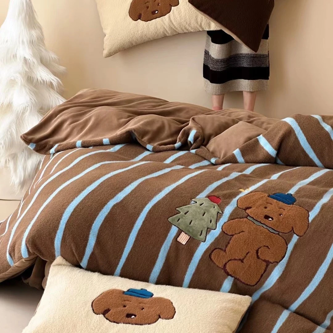 ins风新款卡通狗加厚秋冬山羊绒双面保暖牛奶绒四件套珊瑚绒床单