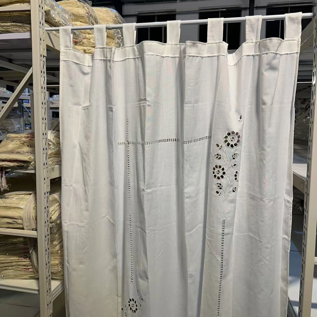 （100*150）手工抽纱刺绣镂空窗帘浴帘成品纯白色背带门帘