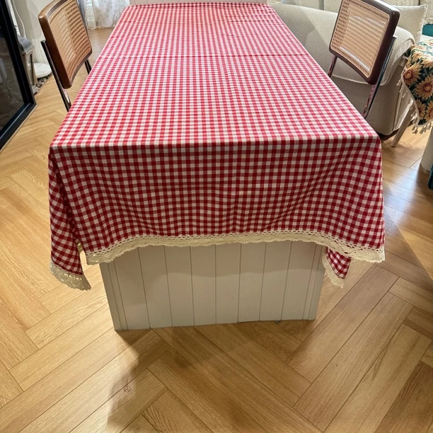 110*160茶几棉麻色织红格桌布
