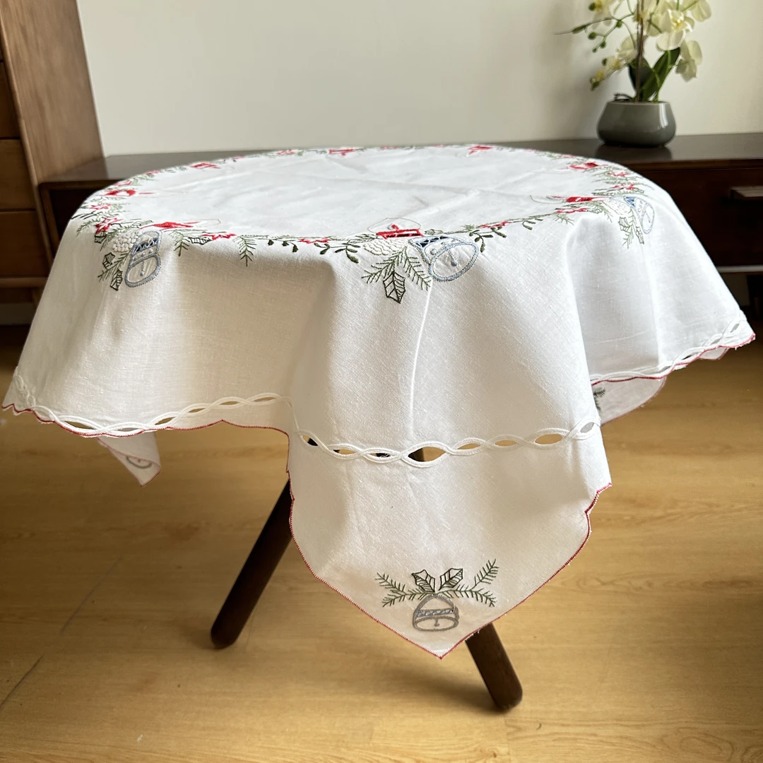 纯棉白色盘带绣花台布桌布