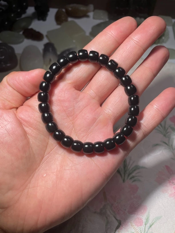天然和田玉黑青玉卡8mm直切老型珠手串 男女同款 百搭时尚
