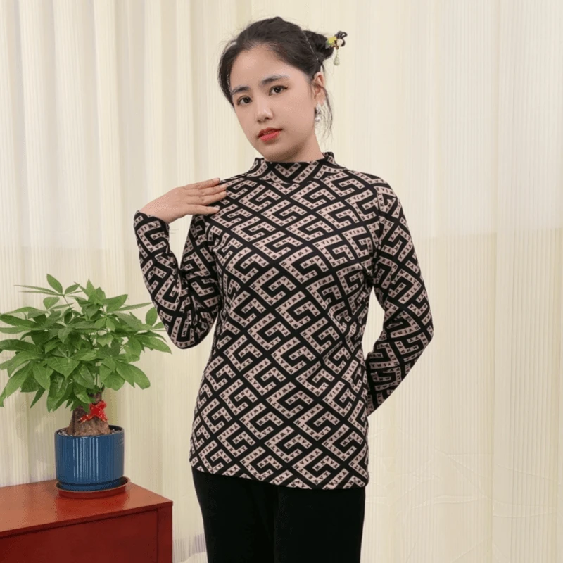 2023时尚印花修身女士提花加厚半高领百搭保暖秋冬新款圆领套头