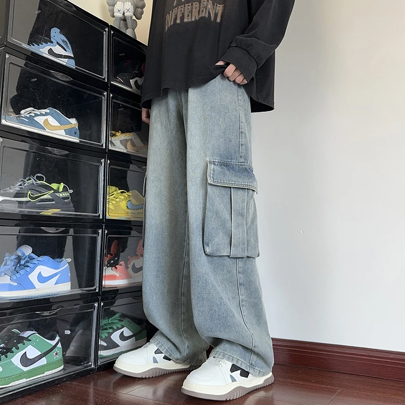 大口袋工装复古水洗宽松显瘦直筒牛仔裤