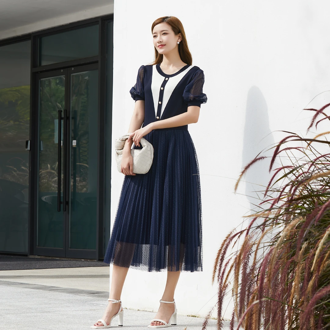 歌蒂诗2025夏季专柜新款时尚撞色网纱拼接假两件连衣裙 1D21L3548