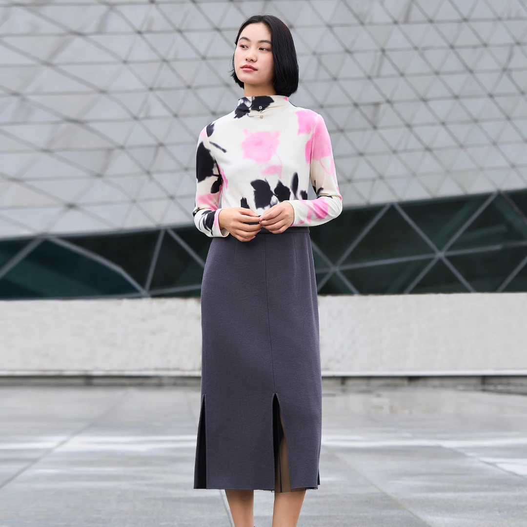 歌蒂诗冬专柜新款个性开叉拼接羊毛混纺连衣裙 8D42L3122