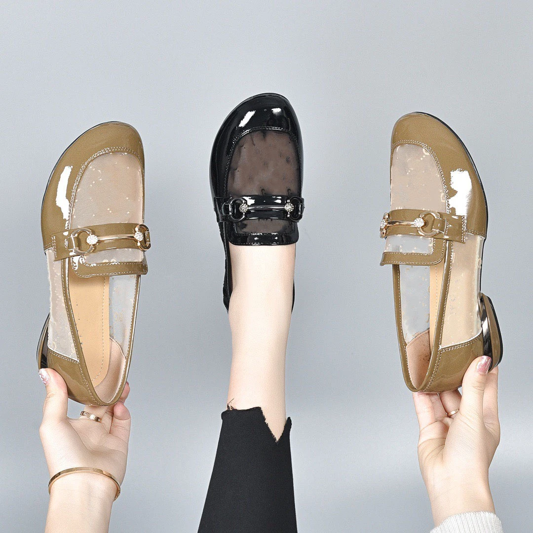 网纱亮皮女鞋2025新款乐福镂空薄款低跟单鞋春夏季低跟软底软皮鞋