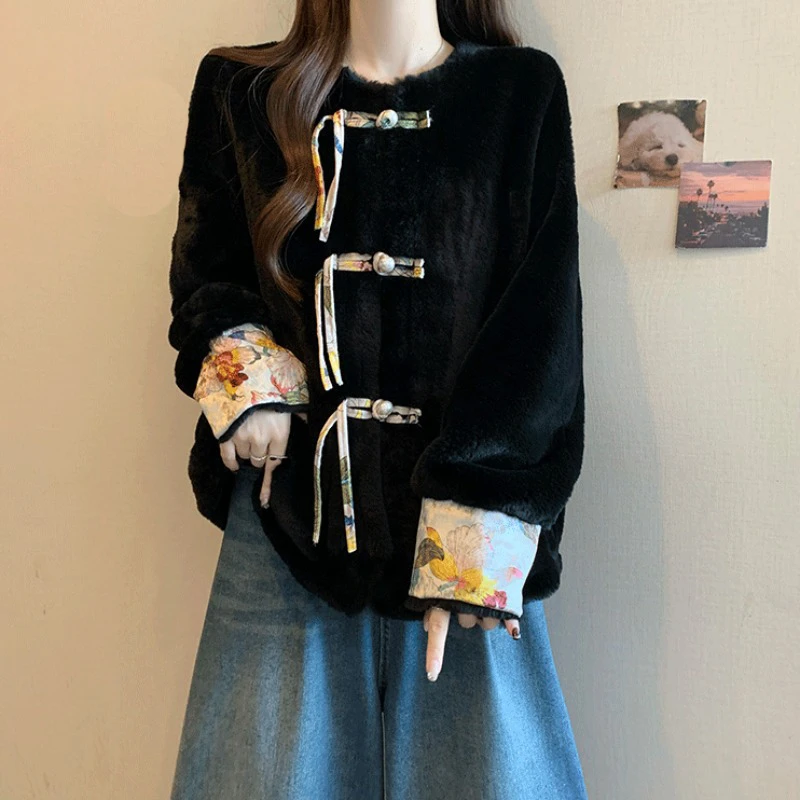 微胖妹妹大码轻奢皮毛一体盘扣外套女2024秋冬新中式国风仿上衣