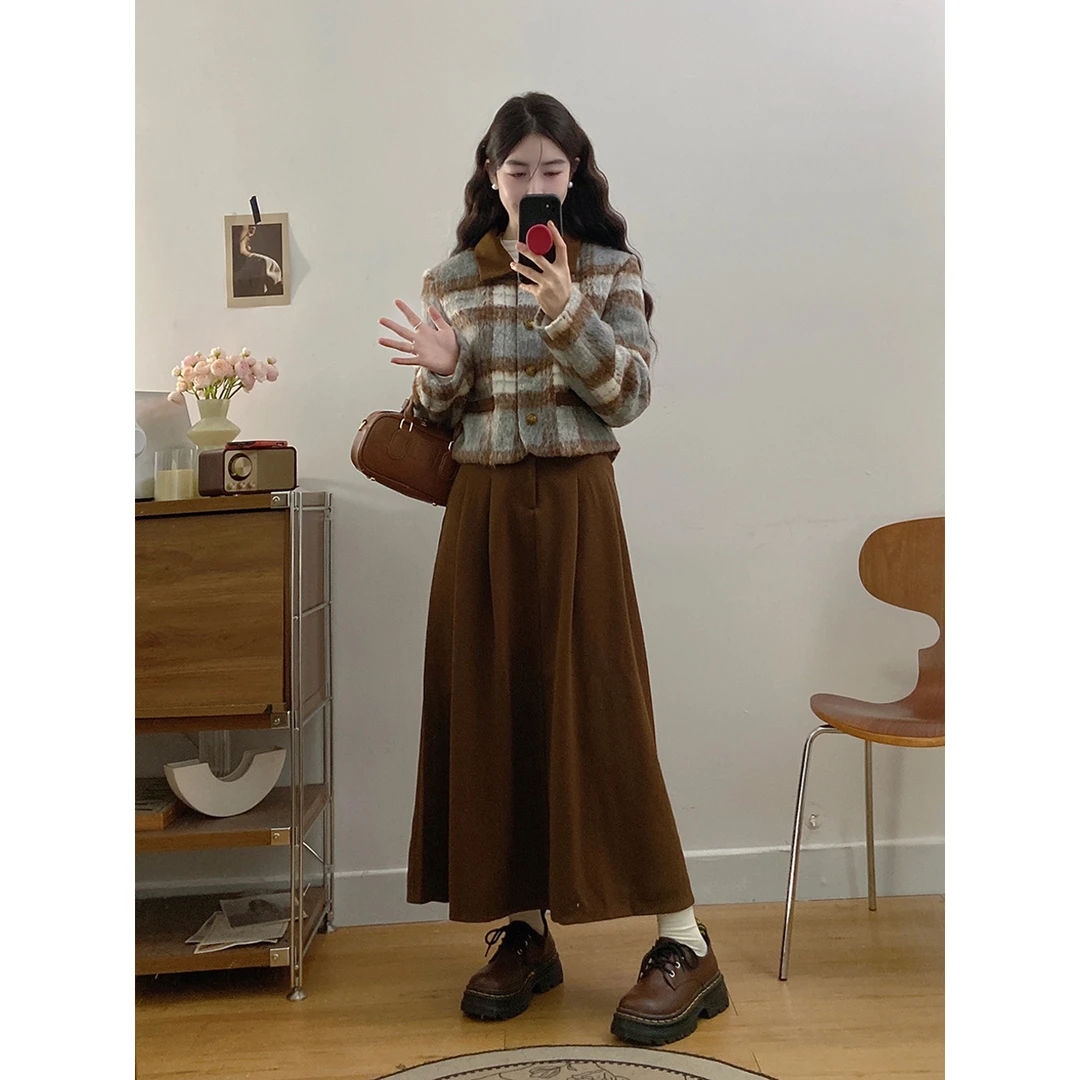 微胖妹妹大码女装美拉德加厚毛呢短外套百褶时尚显瘦长裙两件套潮