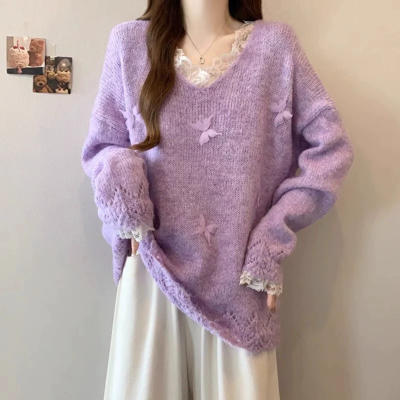 微胖妹妹大码立体蝴蝶蕾丝花边V领毛衣女秋冬内搭软糯针织衫上衣