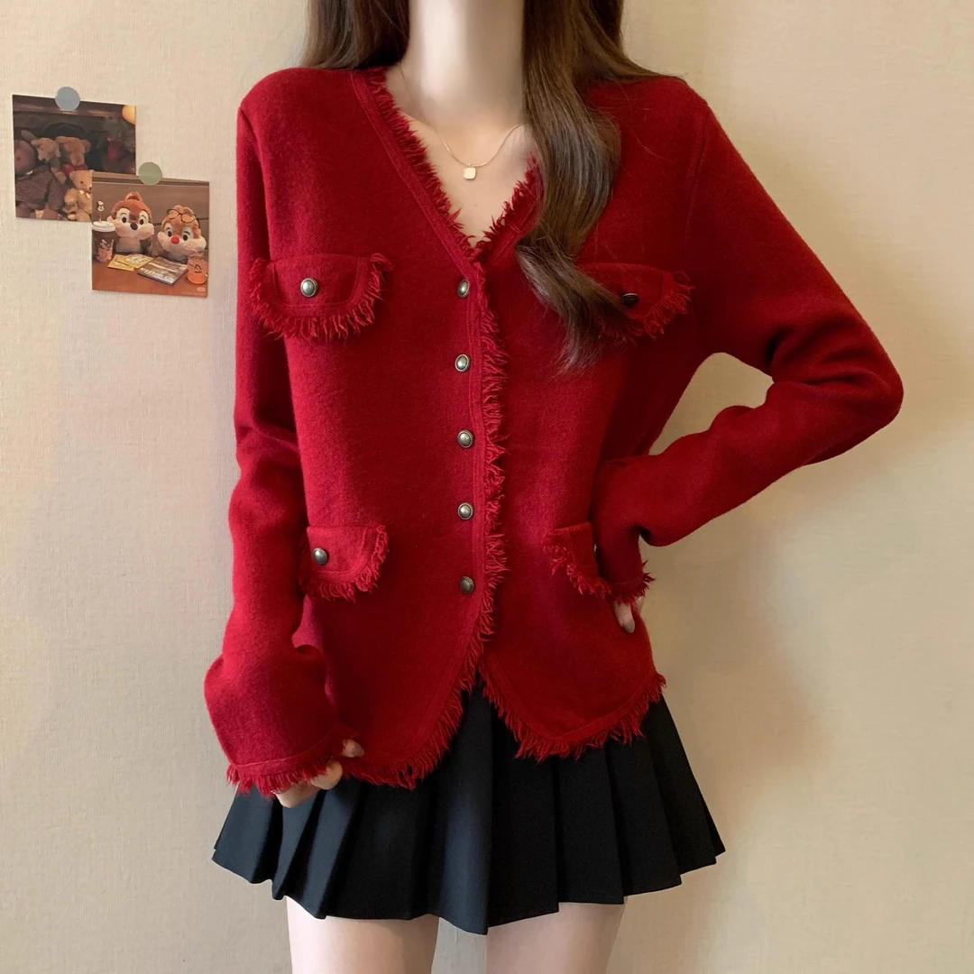 微胖妹妹大码秋冬法式V领流苏毛衣外套女宽松显瘦小香风针织衫潮