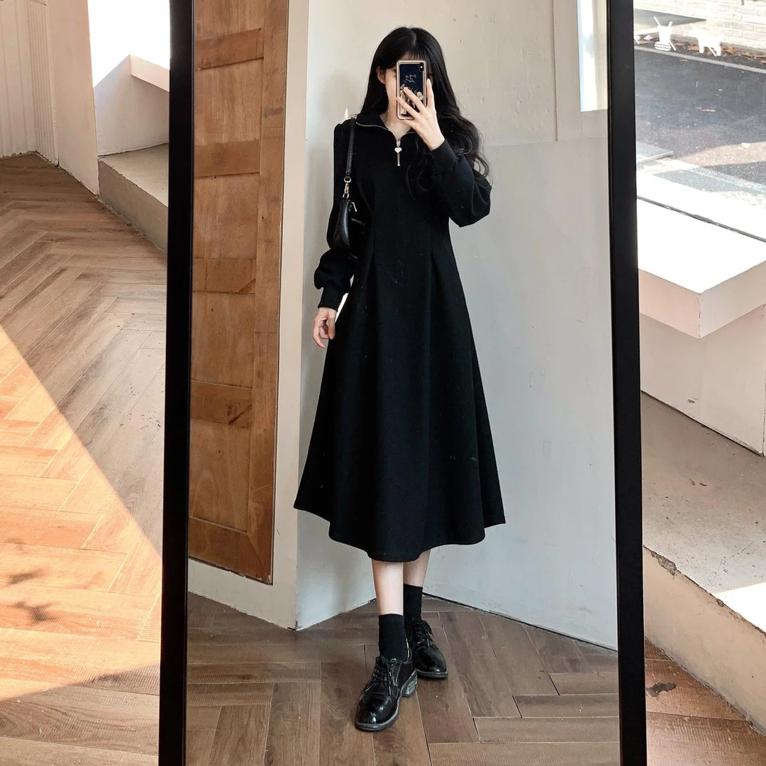 微胖妹妹大码领口拉链设计连衣裙女2024秋季时尚宽松百搭气质裙子