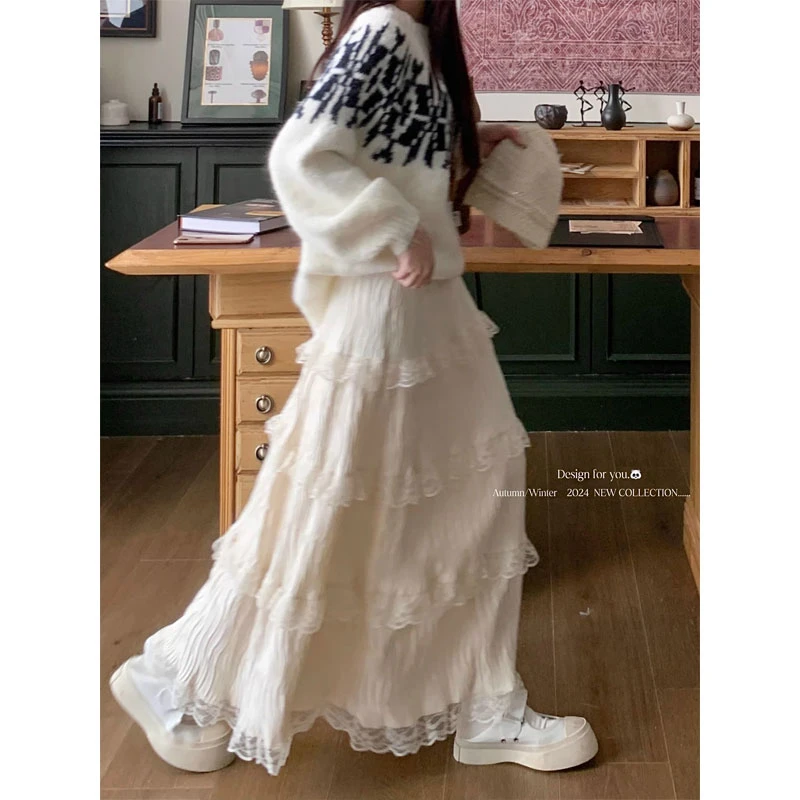 微胖妹妹大码温柔风法式蕾丝蛋糕裙女秋冬减龄高腰A字半身蓬蓬裙