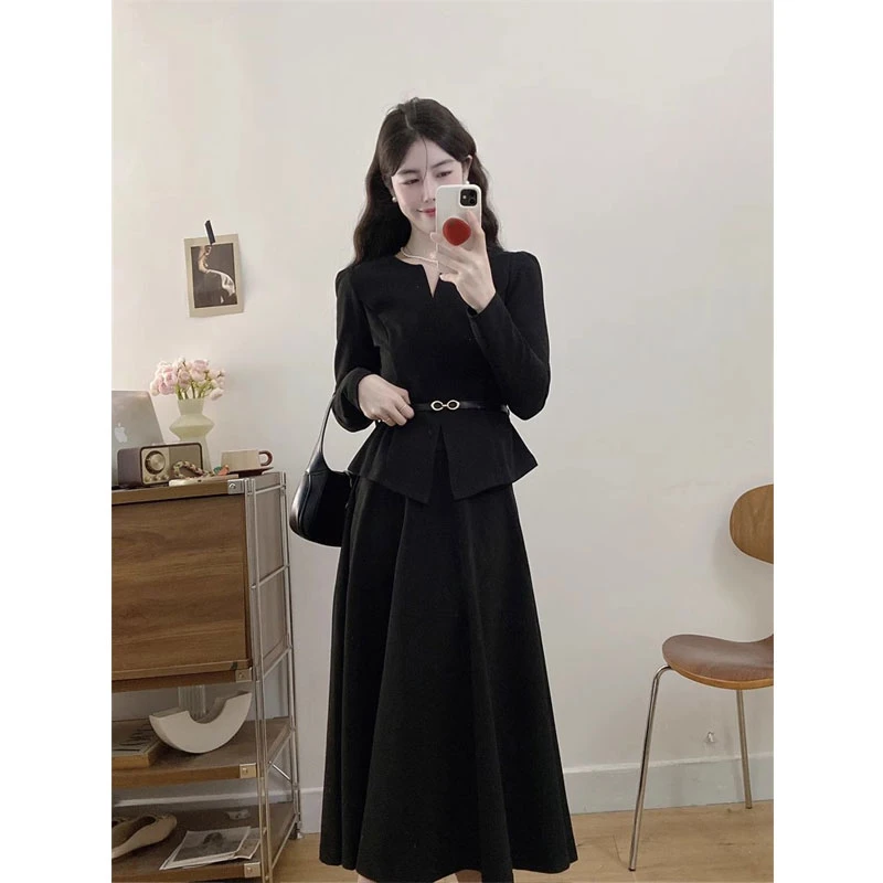 微胖妹妹大码高级感收腰长袖上衣女秋冬气质高腰半身裙两件套装潮