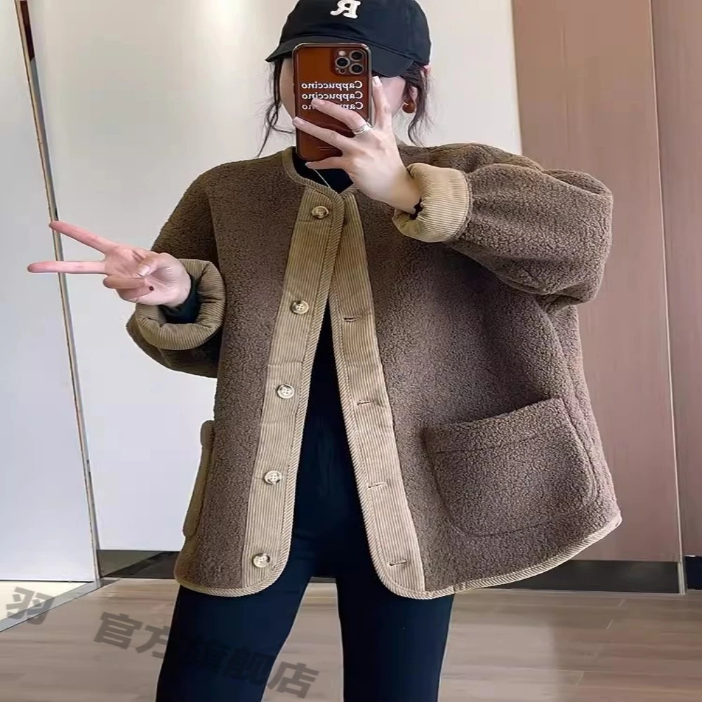 微胖妹妹大码撞色毛呢外套女2024冬季高级感宽松百搭加厚保暖上衣