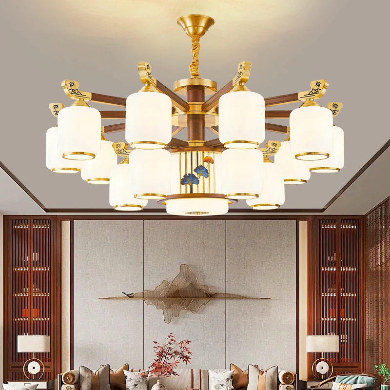 复式楼大吊灯高端大气全新中式挑空轻奢铜珐琅彩雕刻别墅客厅主灯