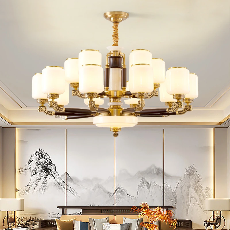 复式楼大吊灯高端大气全铜天然玉石新中式挑空楼中楼别墅客厅主灯