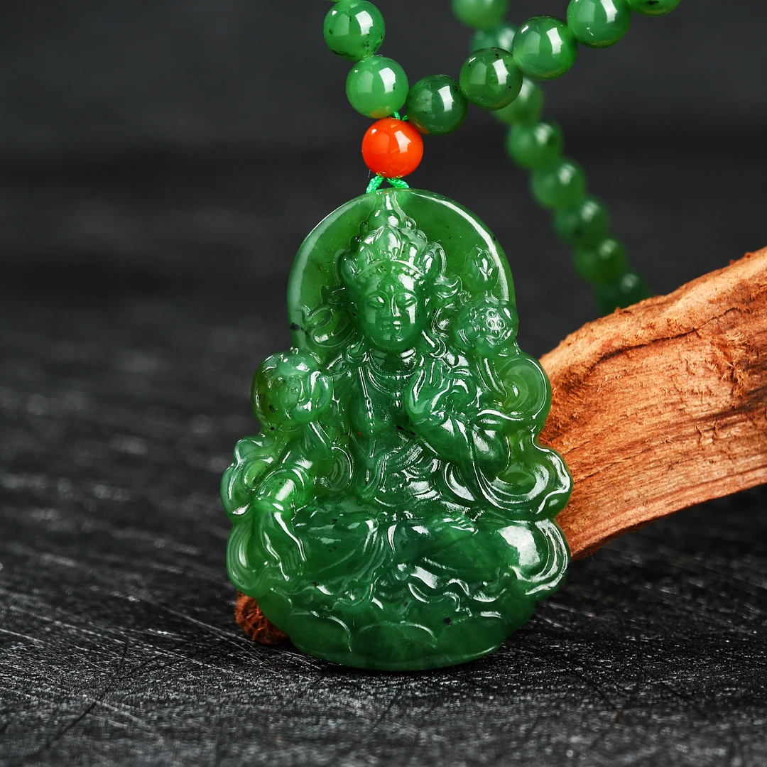 D1900【矿姐珠宝】和田玉碧玉项链度母挂件时尚百搭日常长款项链