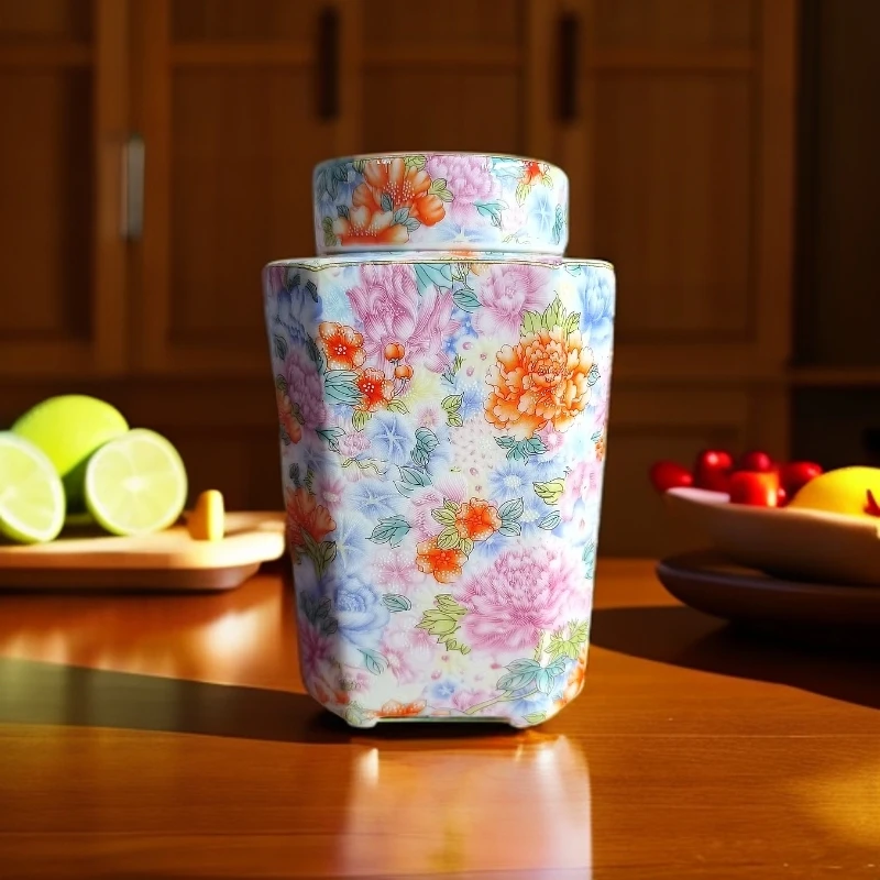 景德镇粉彩万花茶叶罐 四方茶叶罐 二两装