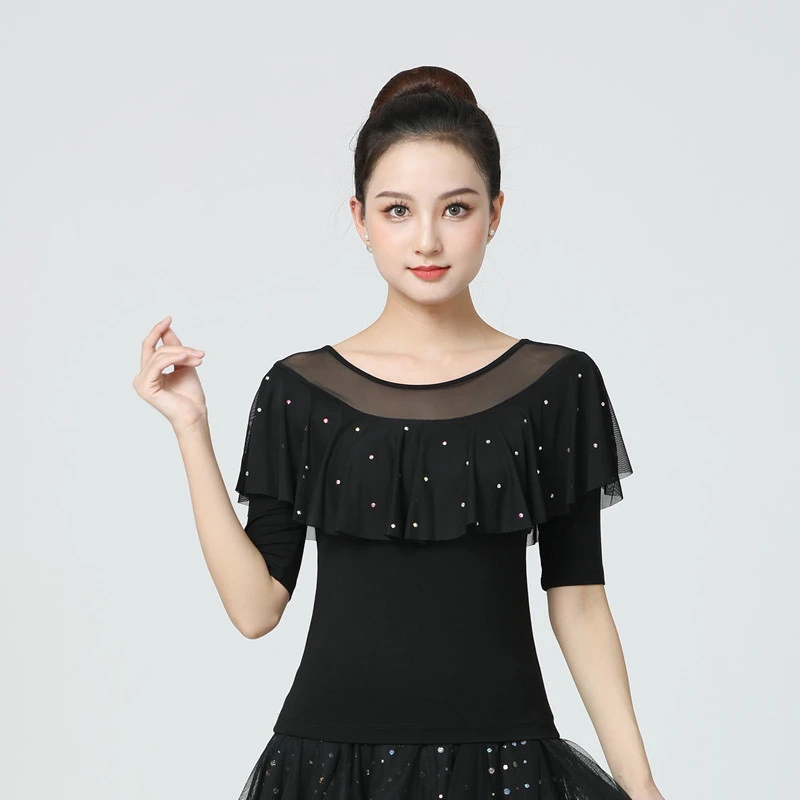 广场舞服装上衣新款春夏荷叶边烫钻网纱长袖中袖莫代尔跳舞衣服女