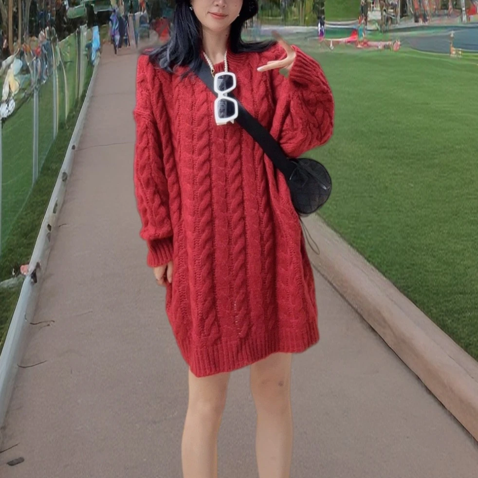 《现货》麻花纹套头针织衫女宽松2025冬季新款慵懒风中长款7227长袖