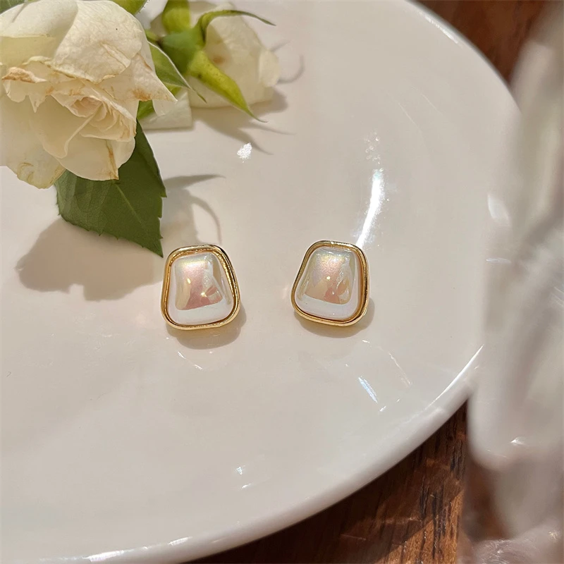 铜合金耳饰 A12法式方型珠珠耳钉女高级感几何方块耳环925银耳饰