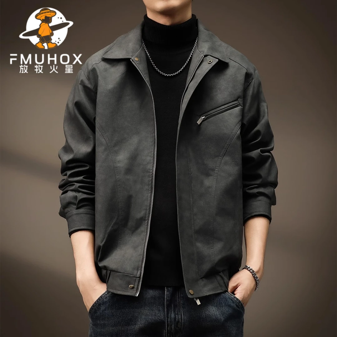 @放牧火星 高端复古美式皮衣夹克男士秋冬季新款宽松潮牌翻领外套