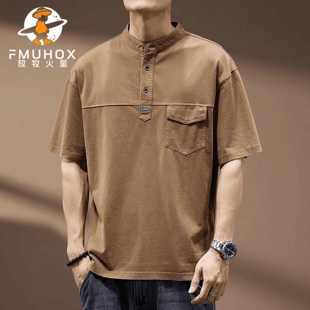 FMUHOX/放牧火星高端复古亨利领短袖Polo衫男士夏季宽松纯棉半袖