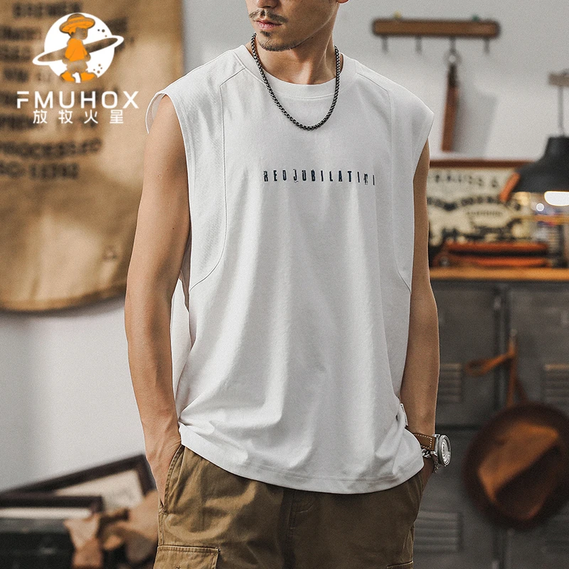 FMUHOX/放牧火星白色健身背心男夏季宽松运动坎肩潮牌宽肩无袖t恤