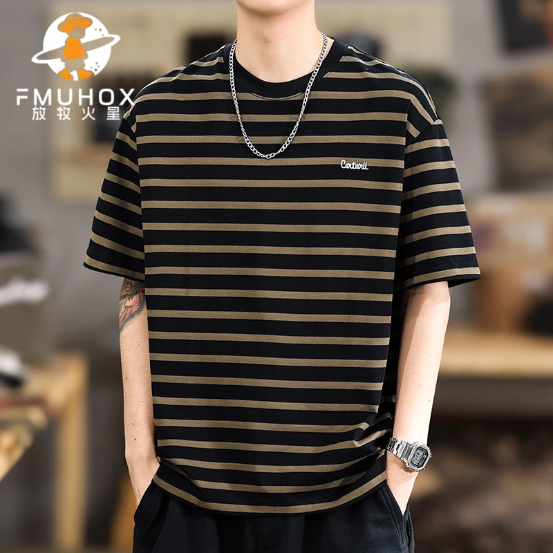 FMUHOX/放牧火星夏季重磅纯棉刺绣男短袖t恤美式宽松潮牌条纹半袖