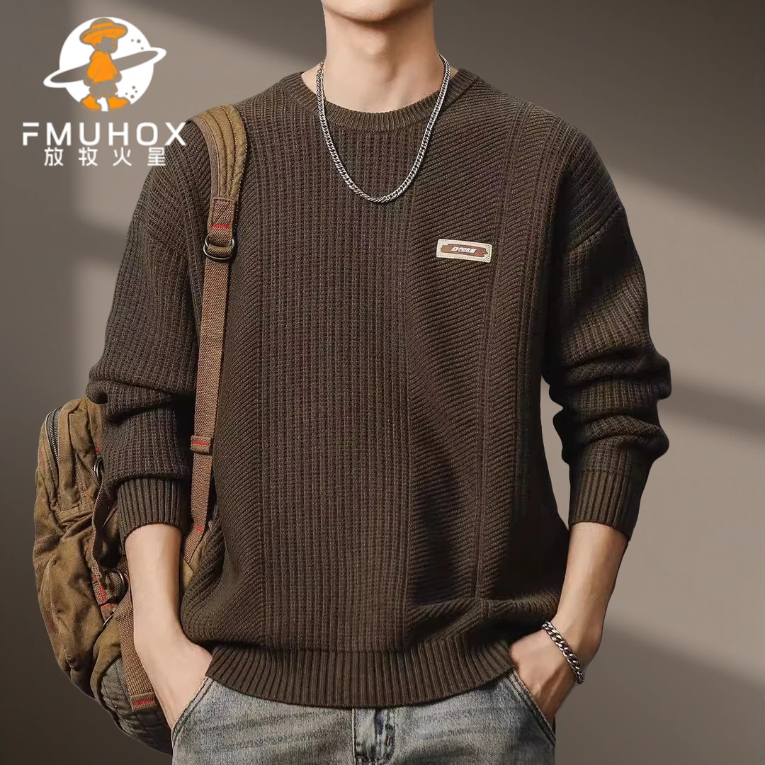 @放牧火星 美式复古针织毛衣男秋冬加厚保暖套头宽松百搭圆领毛衣