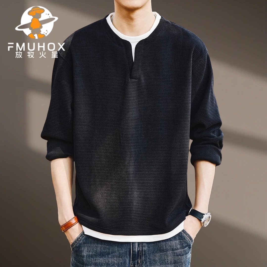 @放牧火星 美式重磅肌理华夫格美式男假两件卫衣秋冬新款宽松休闲