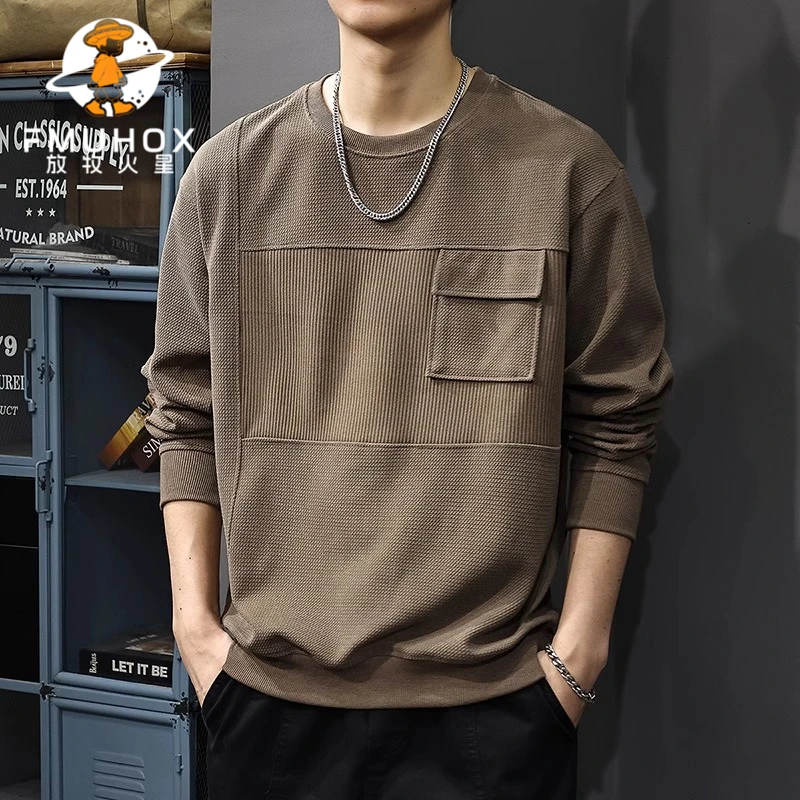 @放牧火星 秋季新款美式复古重磅卫衣男拼接潮流宽松大码圆领上衣