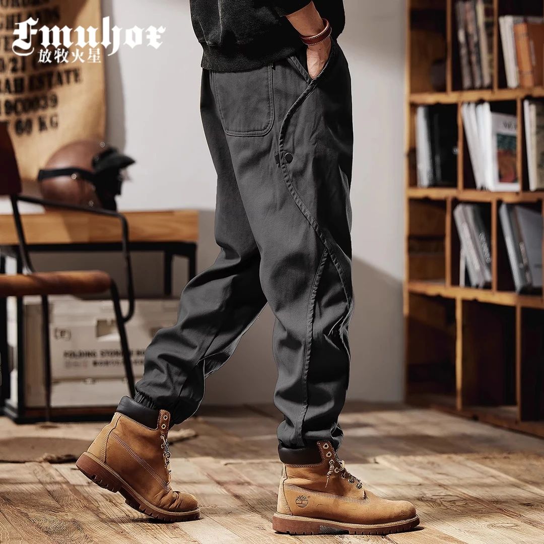 FMUHOX/放牧火星美式复古工装裤男秋冬季加绒潮牌宽松束脚休闲裤