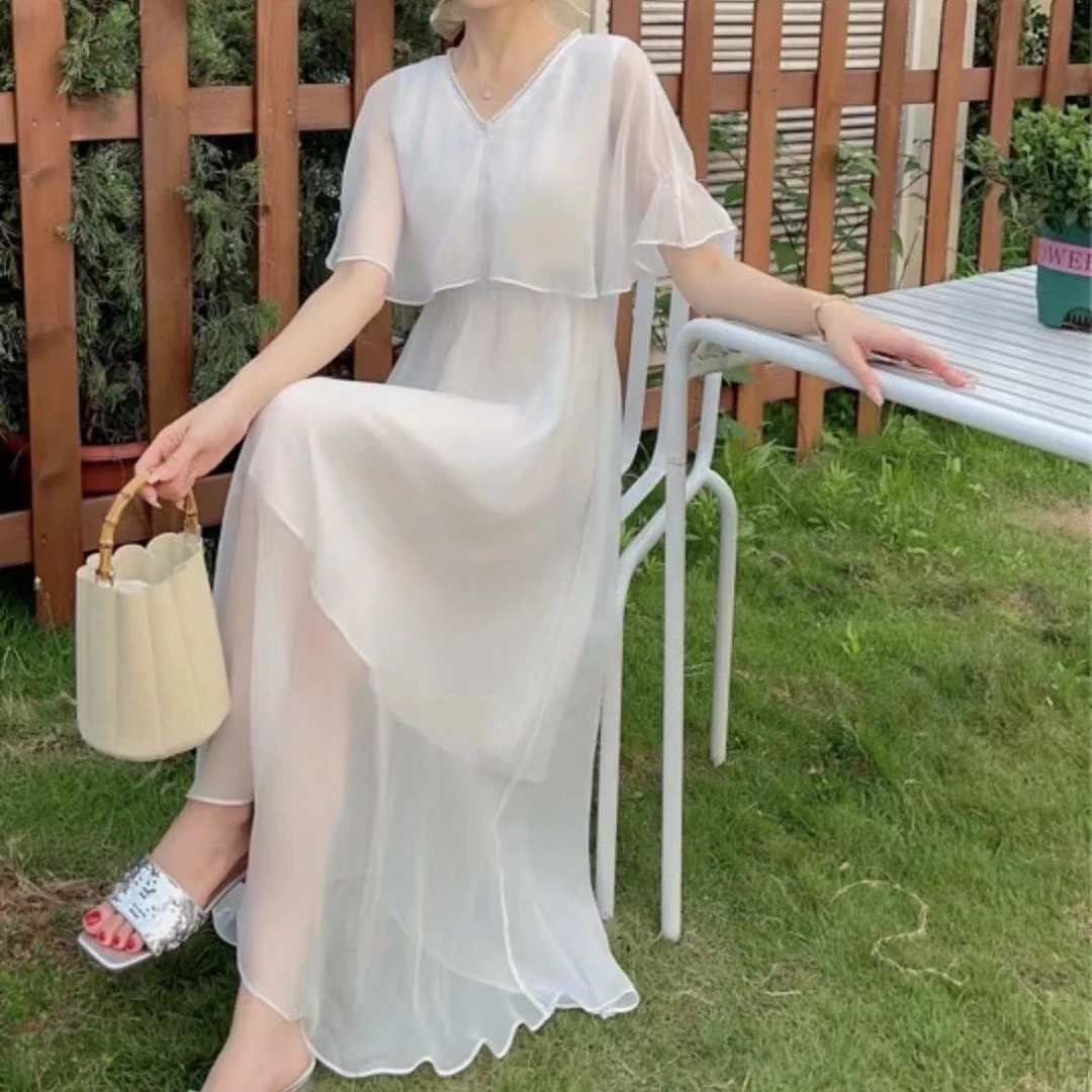801 OUPAN/欧盼服饰 云肩珍珠V领收腰连衣裙（品牌清货无吊卡）W