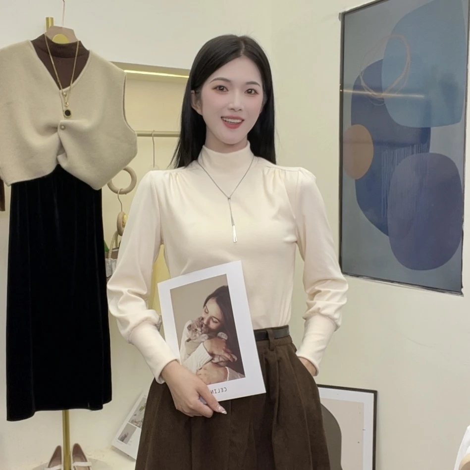 半高领泡泡长袖打底衫女秋冬2024新款洋气内搭休闲宽松显瘦上衣