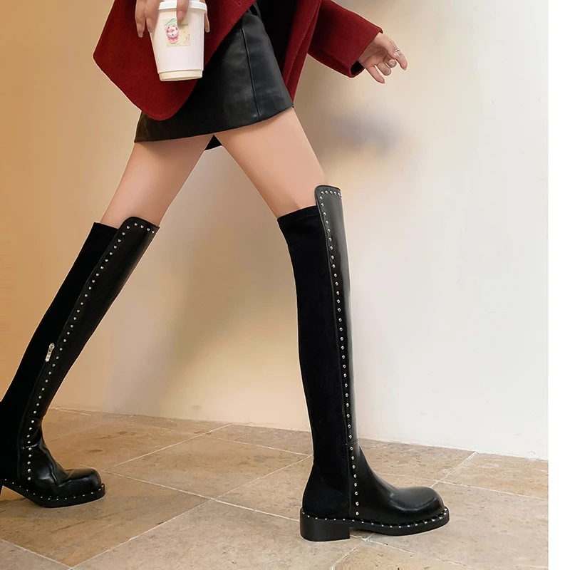 YDD/设计感23秋冬新款圆头百搭简约时尚瘦腿过膝弹力长靴/8989