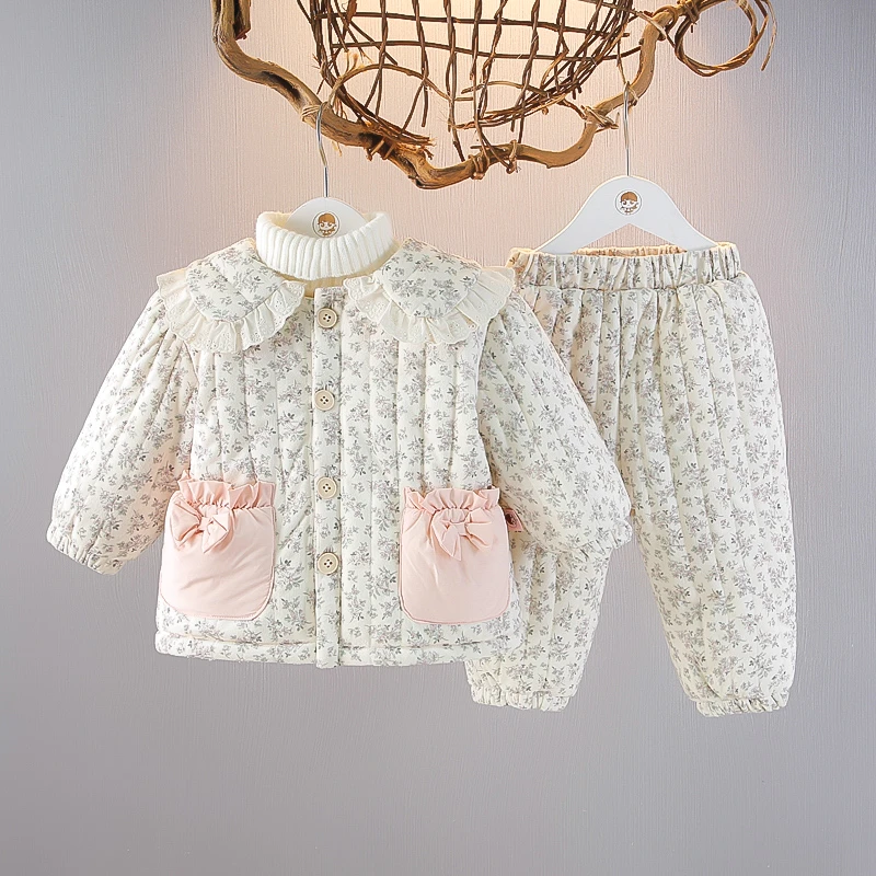 女童碎花棉袄冬装加绒加厚儿童棉服女宝宝套装冬季女童棉衣两件套