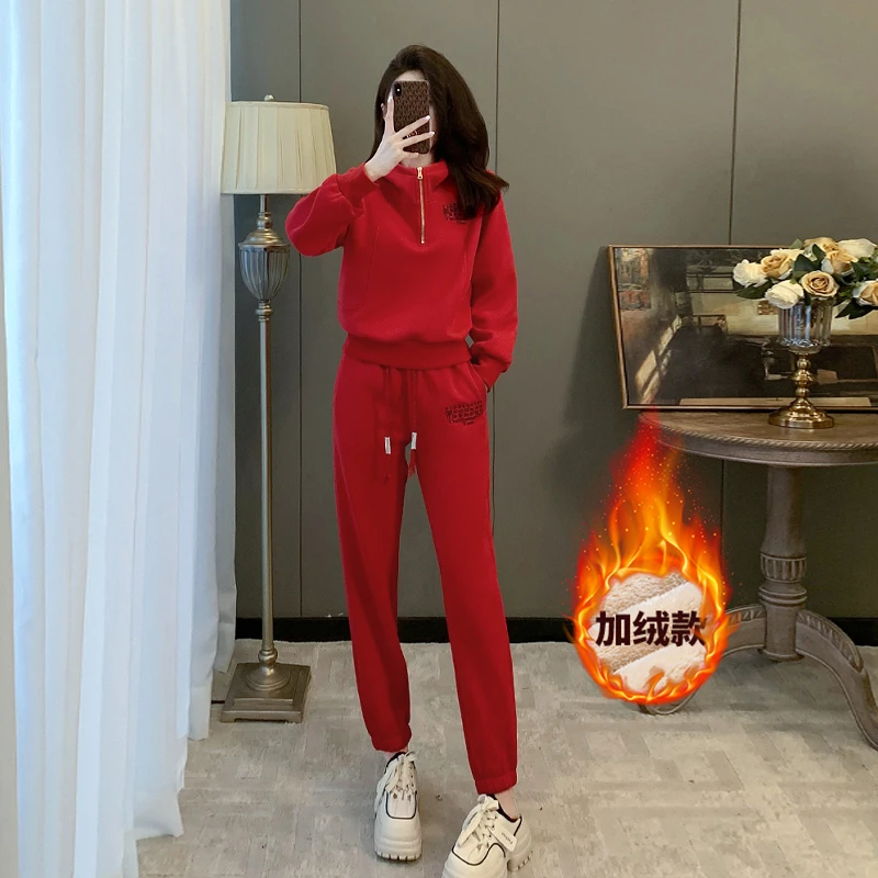 红色加绒加厚保暖时尚运动套装女2025秋冬季新款显瘦休闲裤两件套
