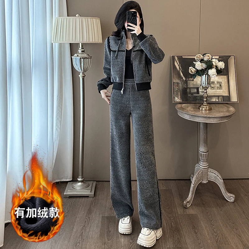 酷飒高级感休闲时尚套装女2025秋冬欧货灰色短款外套直筒裤两件套