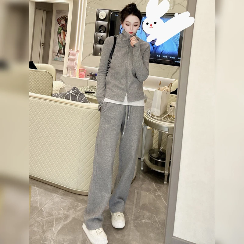 网红灰色运动休闲套装女春秋显瘦时尚减龄卫衣阔腿长裤两件套洋气