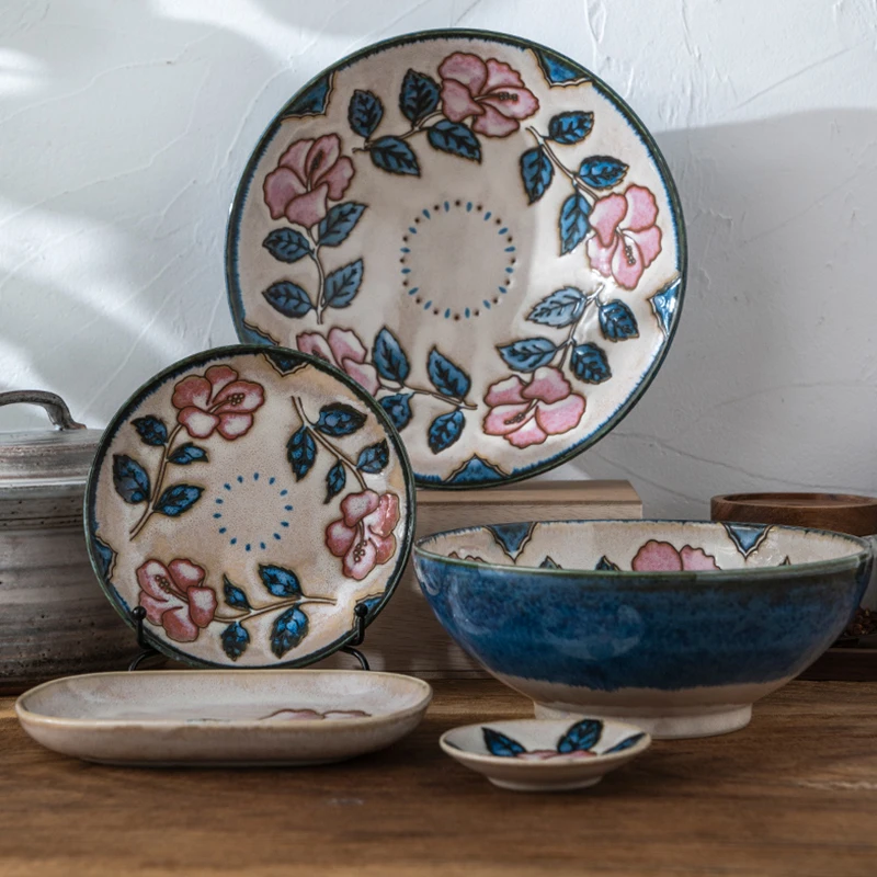 【套装】玫瑰花釉下彩碗盘餐具高颜值流釉易清洗陶瓷餐具盘子饭碗