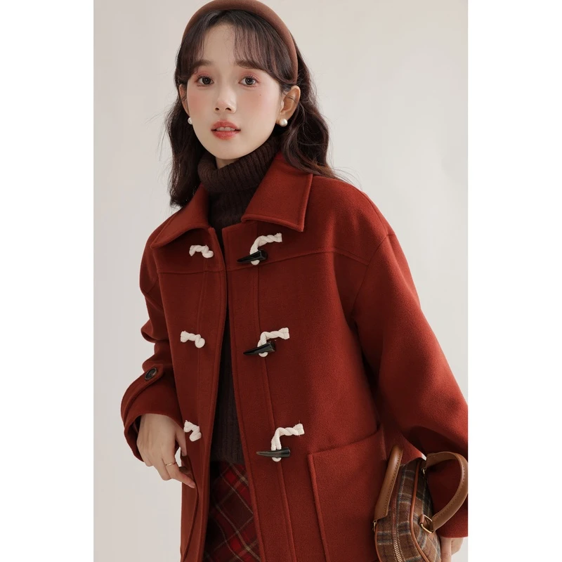 玲玖毛呢外套女2023新款秋冬加厚高级感气质牛角扣红色呢子大衣
