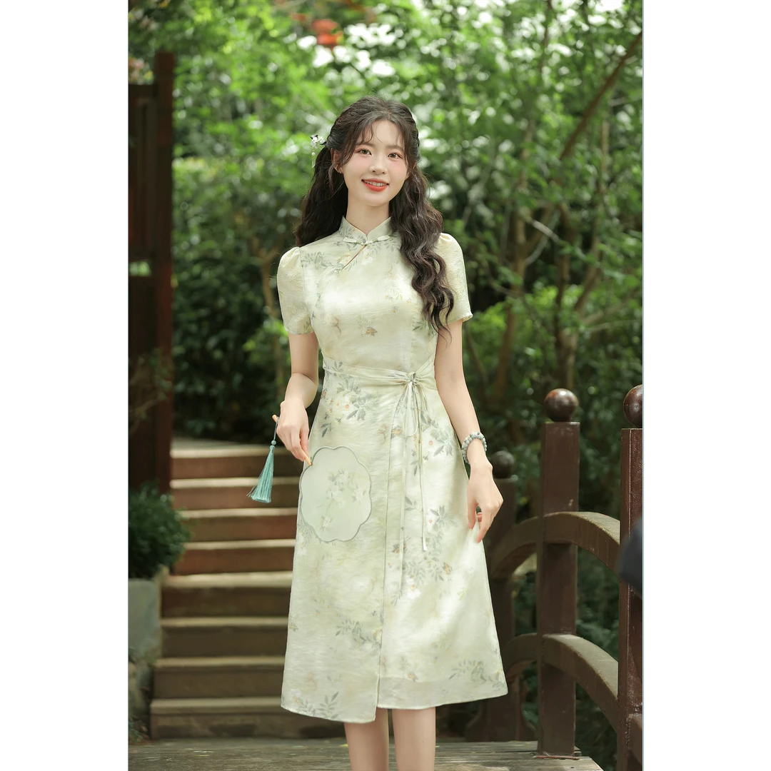 玲玖新中式国风温柔立领修身改良旗袍短款蝴蝶结连衣裙女14081