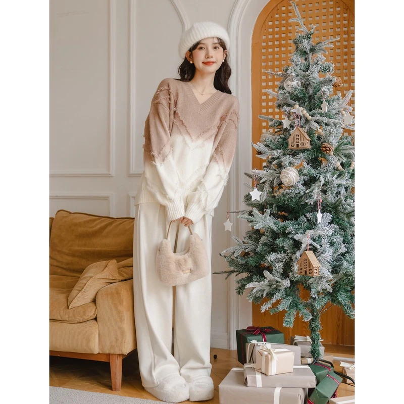 玲玖2023新款宽松显高阔腿裤女小个子针织休闲裤高腰白色裤子秋冬