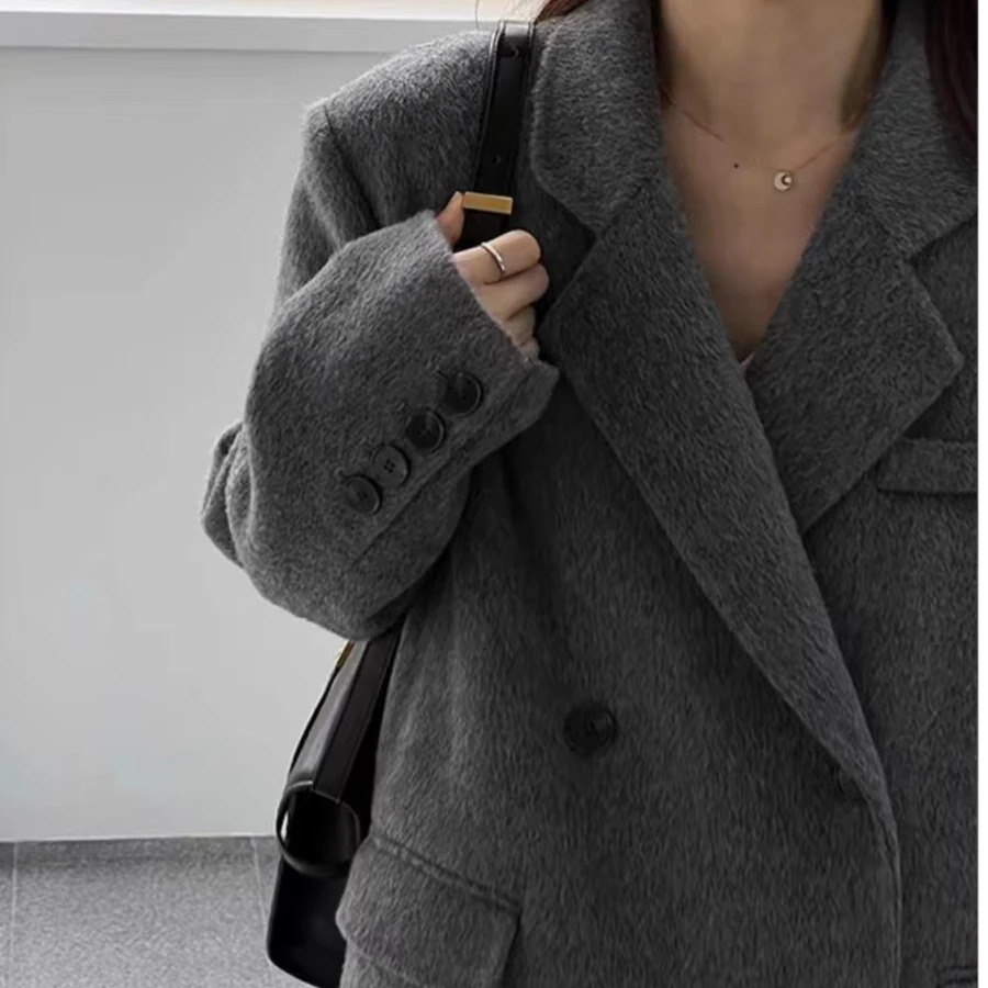 新品反季坚壳棕双面羊毛大衣女中长款2024年新韩版宽松羊毛呢外套