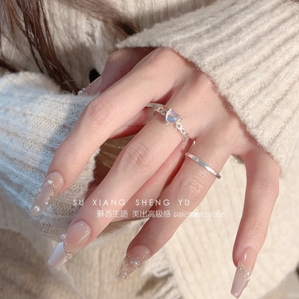 925银戒指 百搭甜美学生小众彩色爱心开口可调节戒指女款 J-765