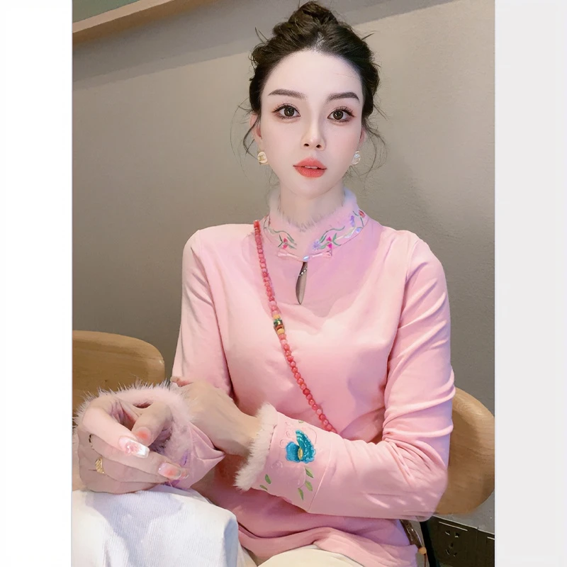 春季新款新中式国风立领刺绣打底衫女复古显瘦百搭时尚长袖T恤潮